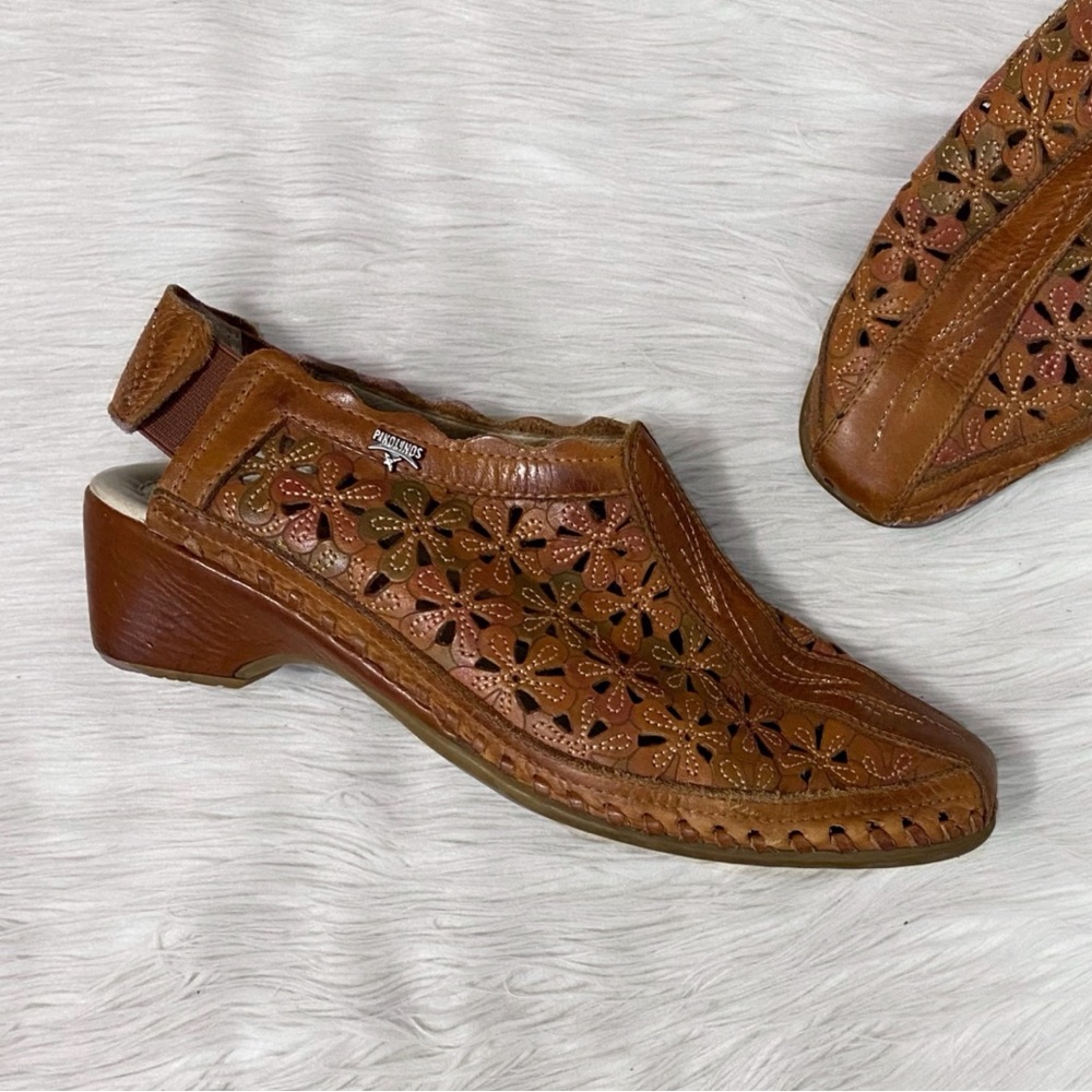 Pikolinos Romana Tan Cognac Floral Laser Cut Sling Back Heeled Sandals Mules